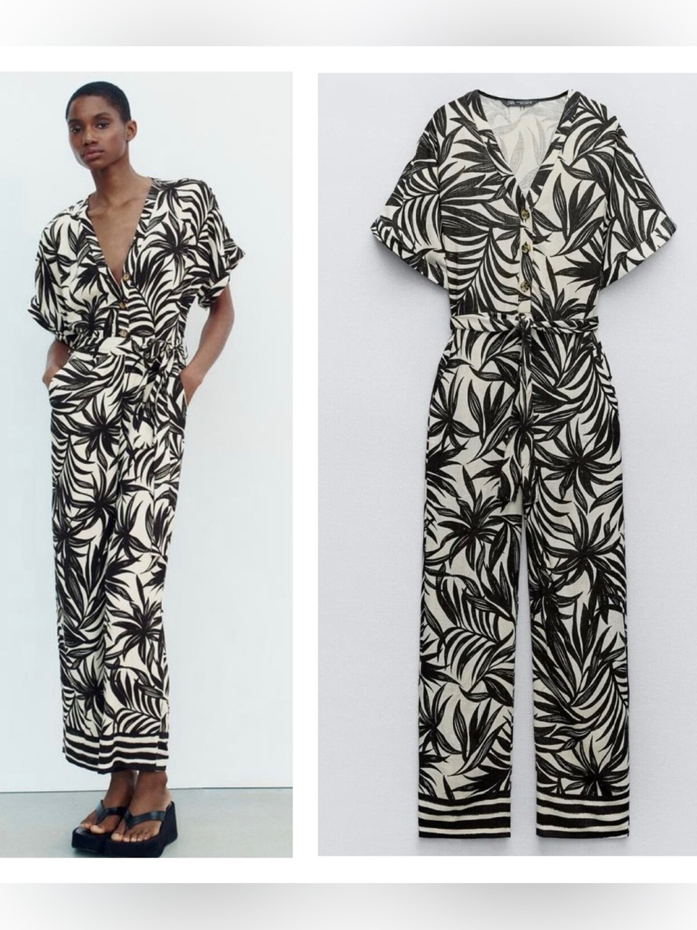 ZARA Palm Print Wide Leg Belted Jumpsuit Vacation Resort S
